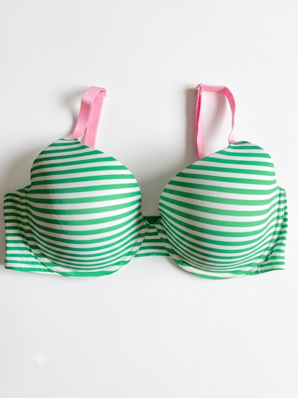 PINK Victoria's Secret Green & White Striped Push-Up Bra with Pink Straps